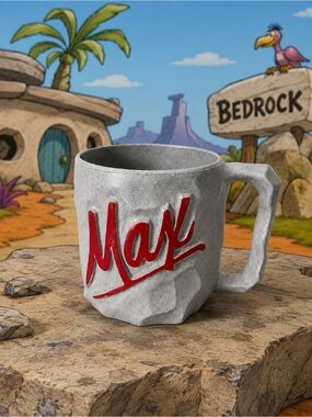 Vintage MAX Coffee Mug Flintstones “Yabba Dabba Doo” Plastic Gray Grey red logo